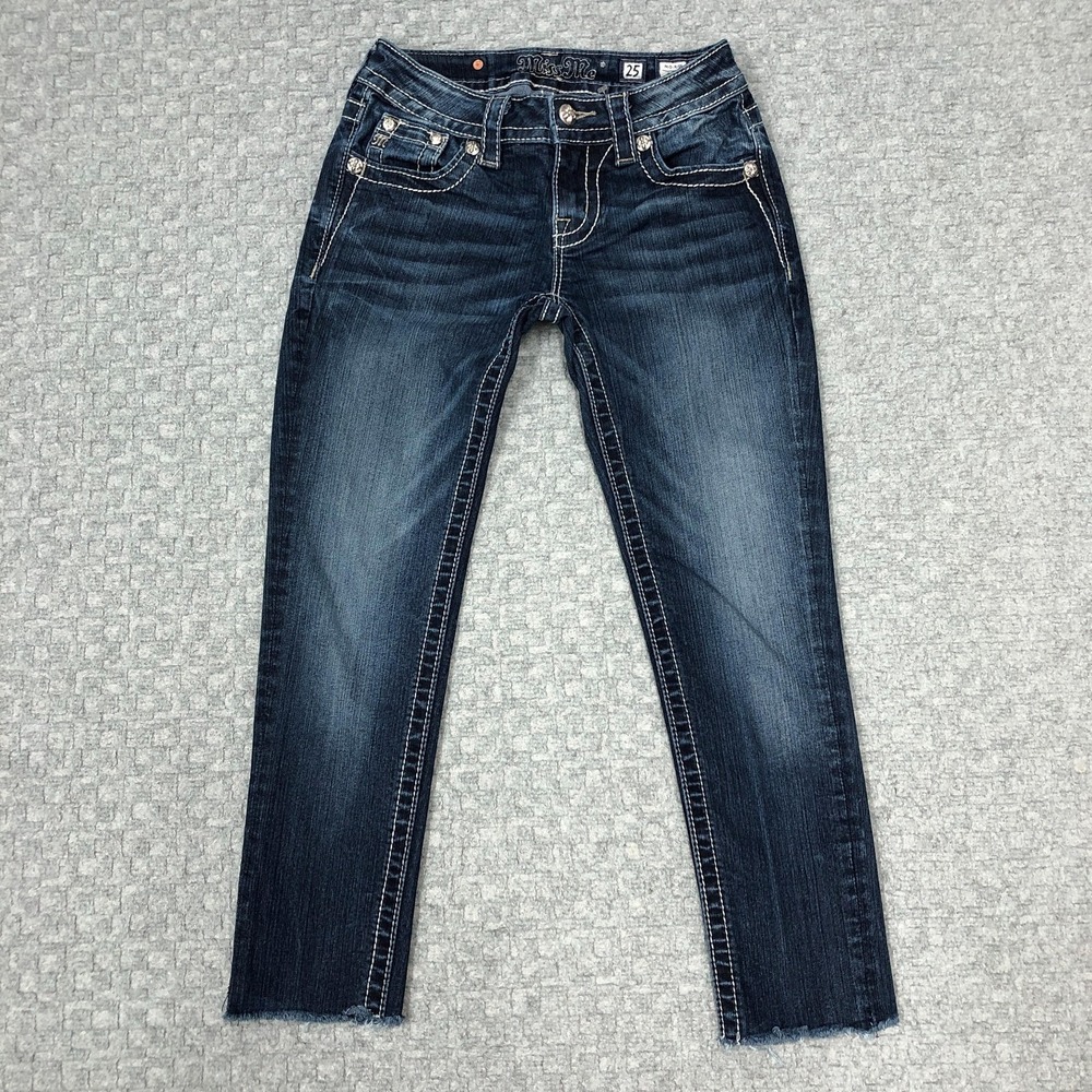 Miss Me Jeans Womens 25 Blue Skinny Raw Hem Embroidered Rhinestone Pockets Norm